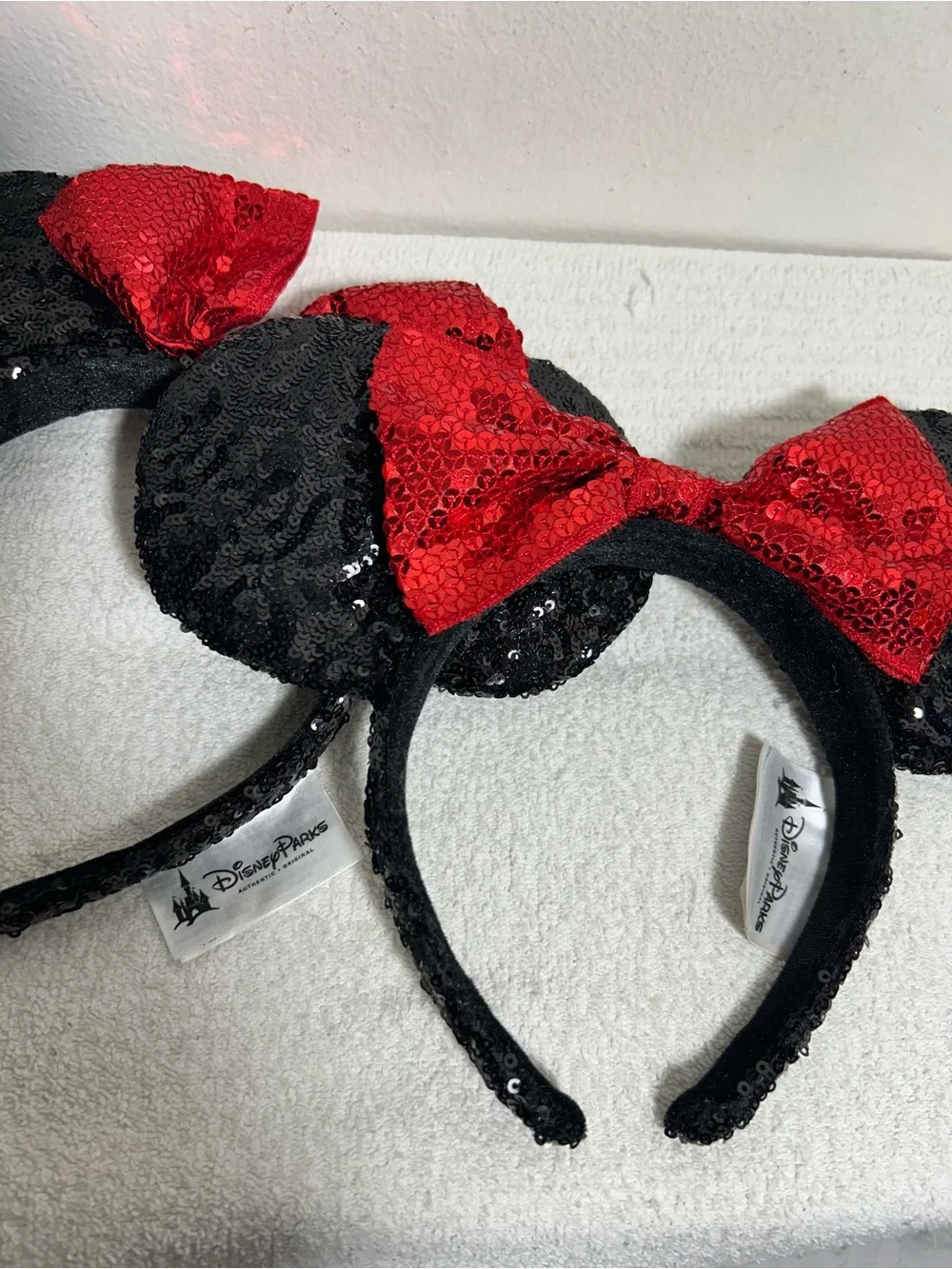 Kids Disney Sequin Minnie-Style Headband with Red Bow - Black